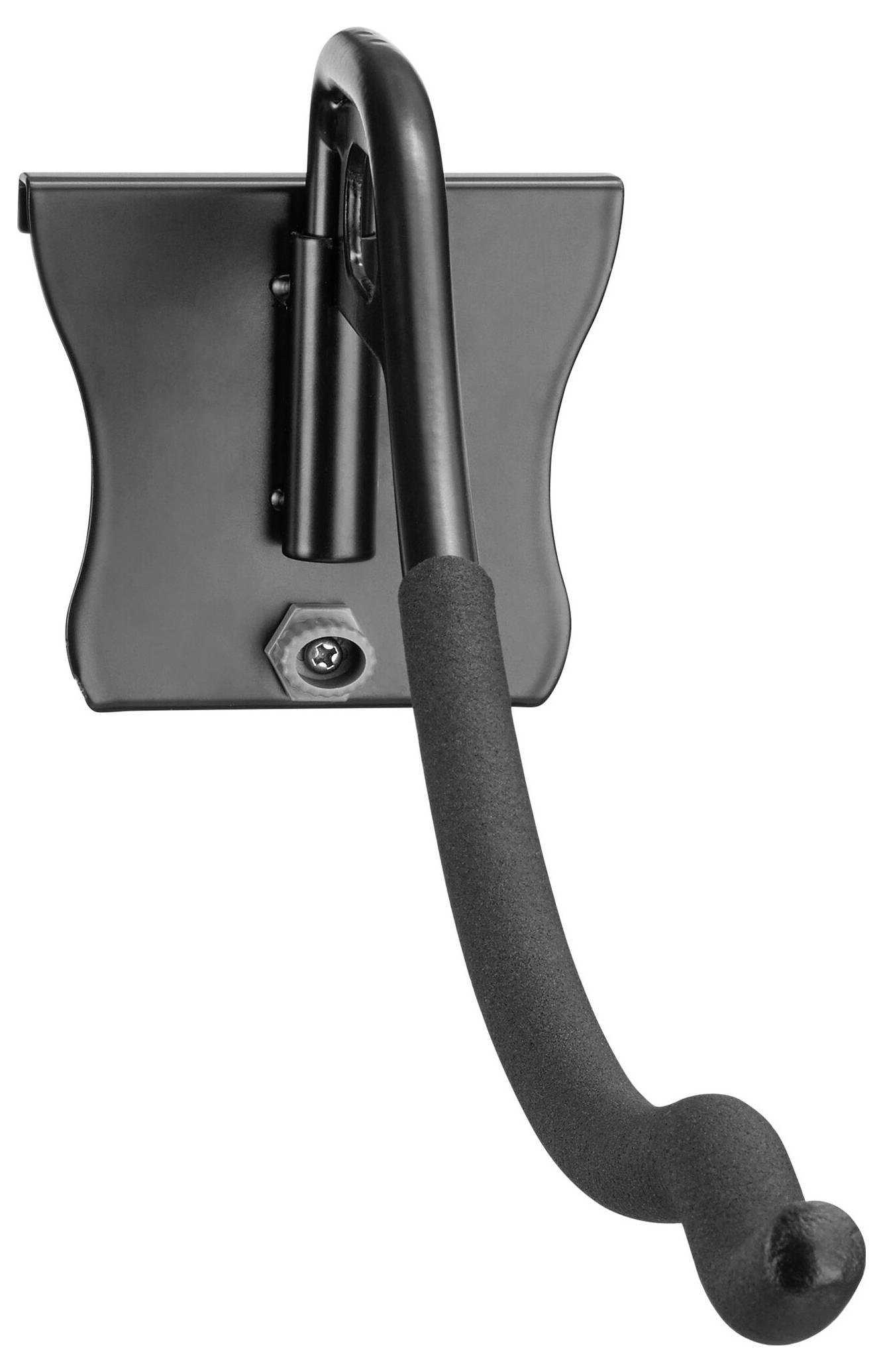 Black metal hook with wall mount, curved shape, foam grip at the end, for storing items.