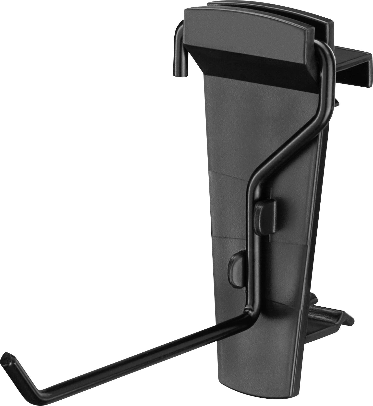 Black plastic hook holder with two curved arms for wall mounting, suitable for hanging objects.