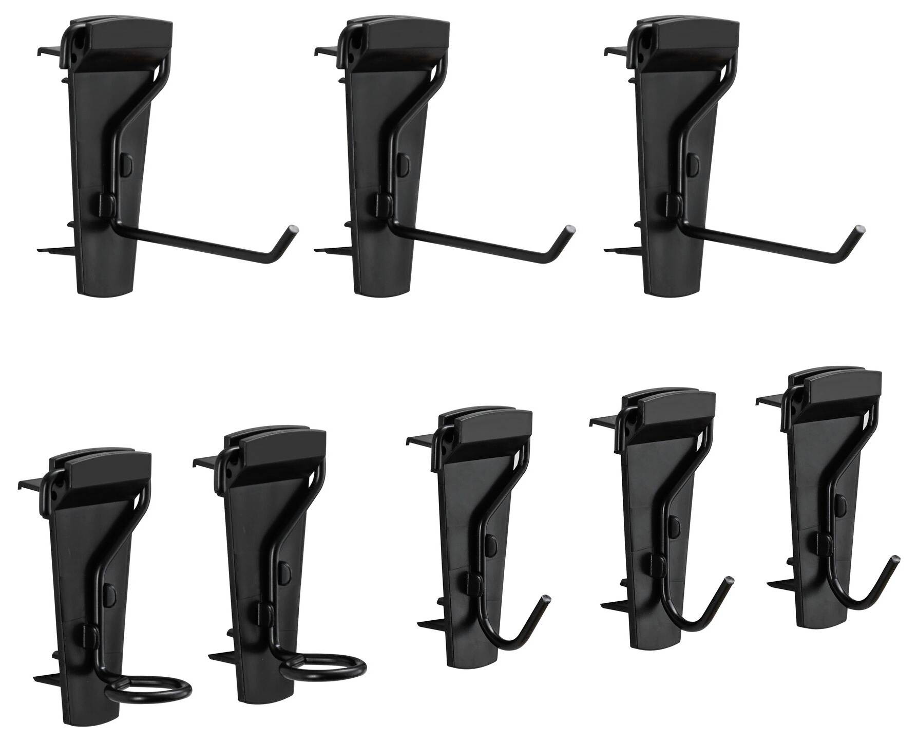 Four black cup holder clips arranged side by side in two different views.