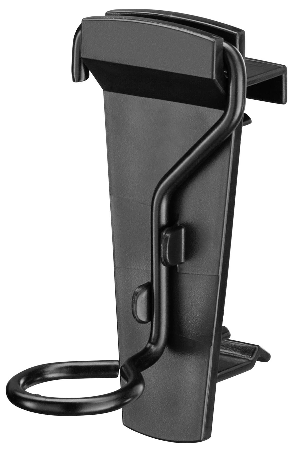 Black plastic clip with integrated ring, used for securing items, side view.