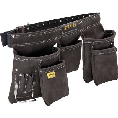 Tool belt with multiple dark brown pouches and a robust black strap, with the 'Stanley' logo in yellow visible at the front. Adjustable for tool use.