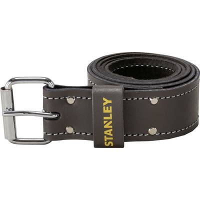 Dark brown leather belt with metal buckle, rolled up. The belt features a yellow 'STANLEY' text.