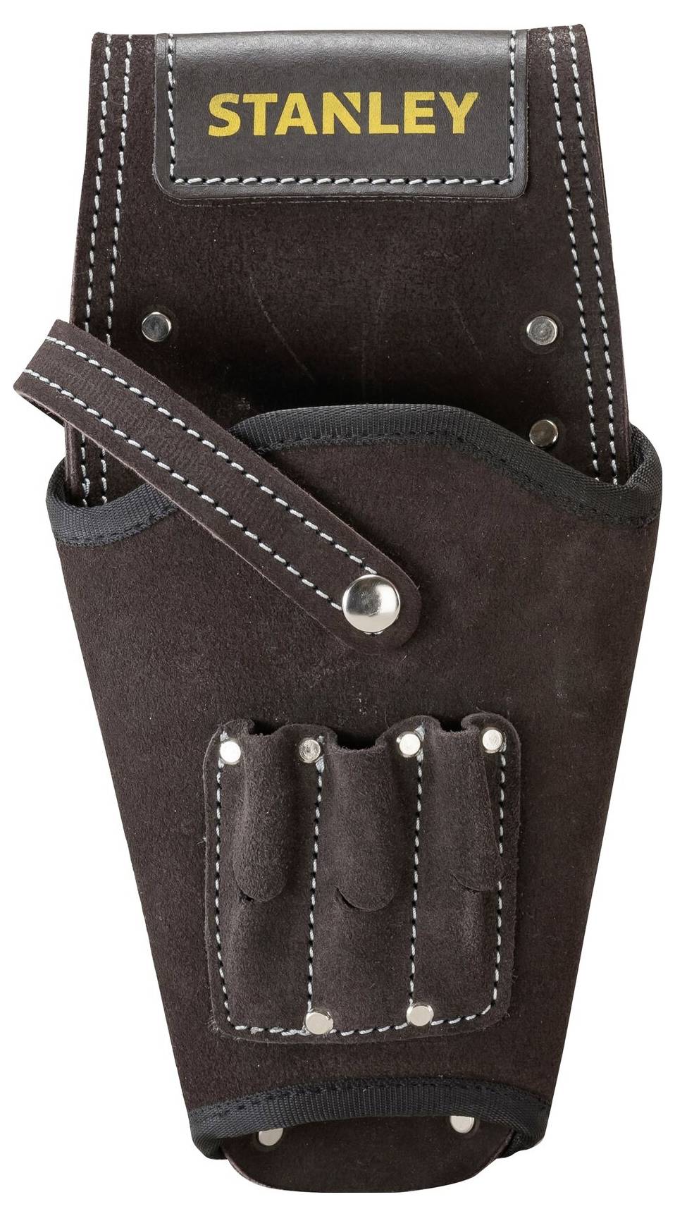 Dark leather tool holster with loop and multiple compartments. 'STANLEY' brand name printed on top.