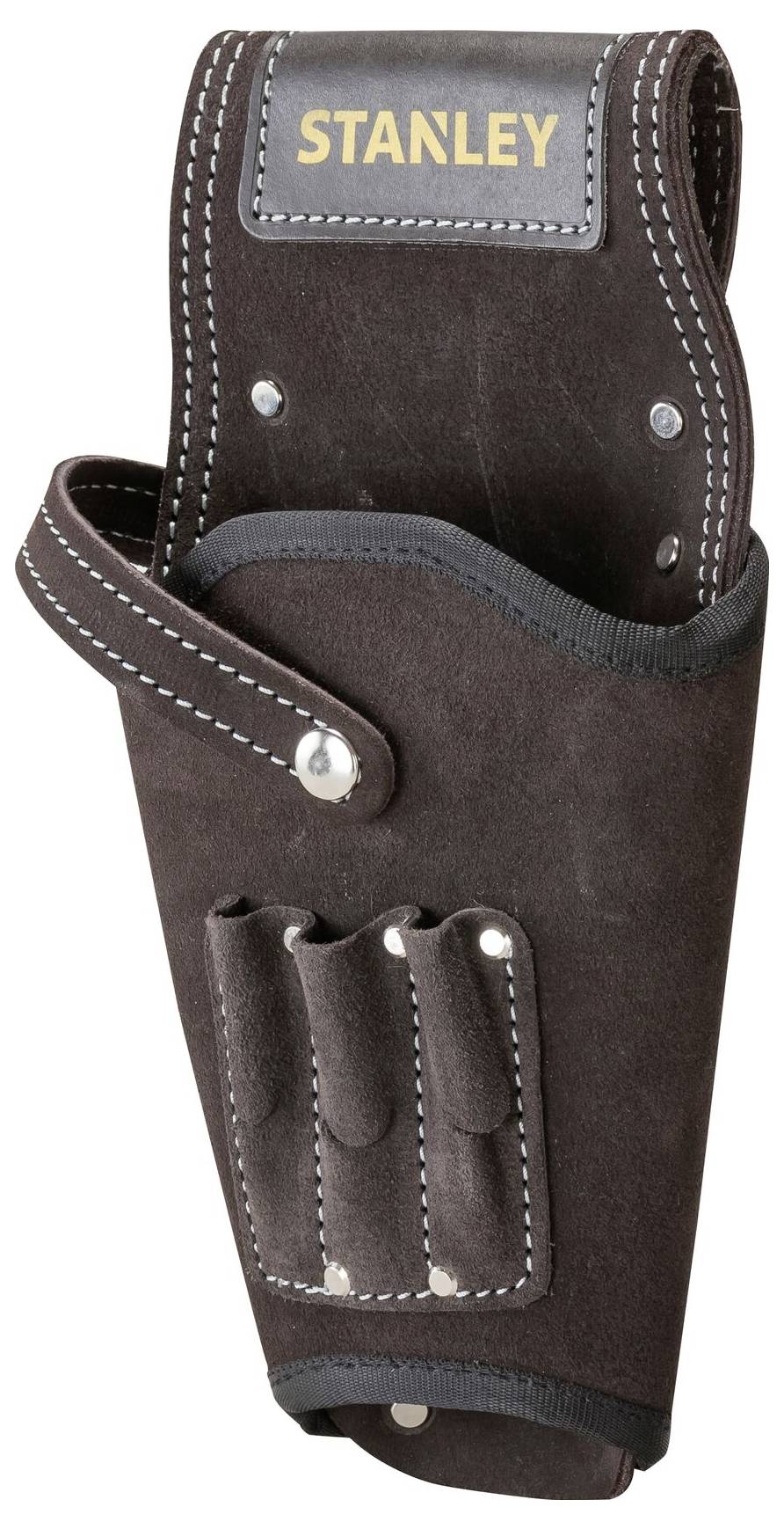 Black leather tool bag with 'STANLEY' printed on it, featuring compartments for tools and designed to hang flat against the wall.