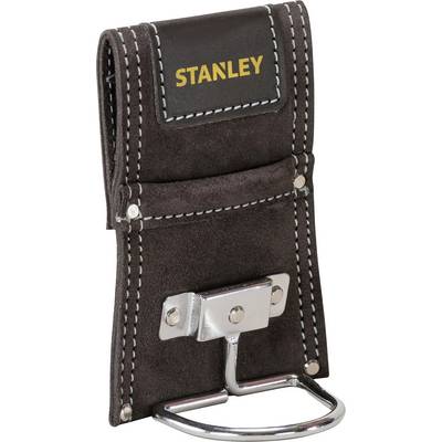 Leather tool holder with metal bracket and yellow 'STANLEY' logo.