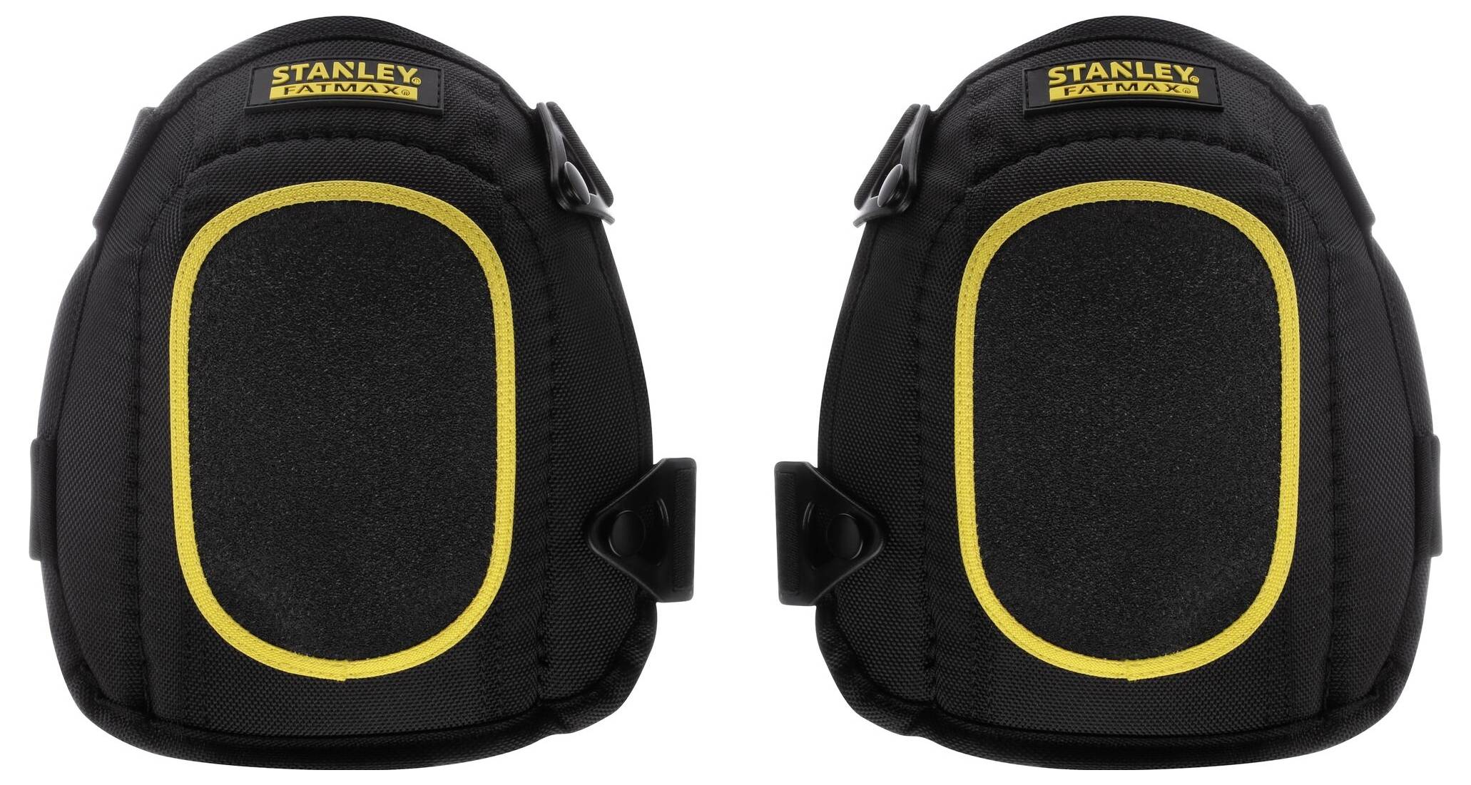 Two black knee pads with yellow accents, used for protection during manual work.