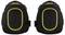 Two black knee pads with yellow accents, used for protection during manual work.