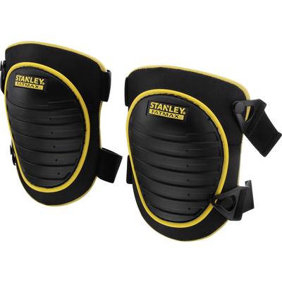 Black knee pads with a yellow border and flexible straps for secure fit, marked with 'Stanley Fatmax'.