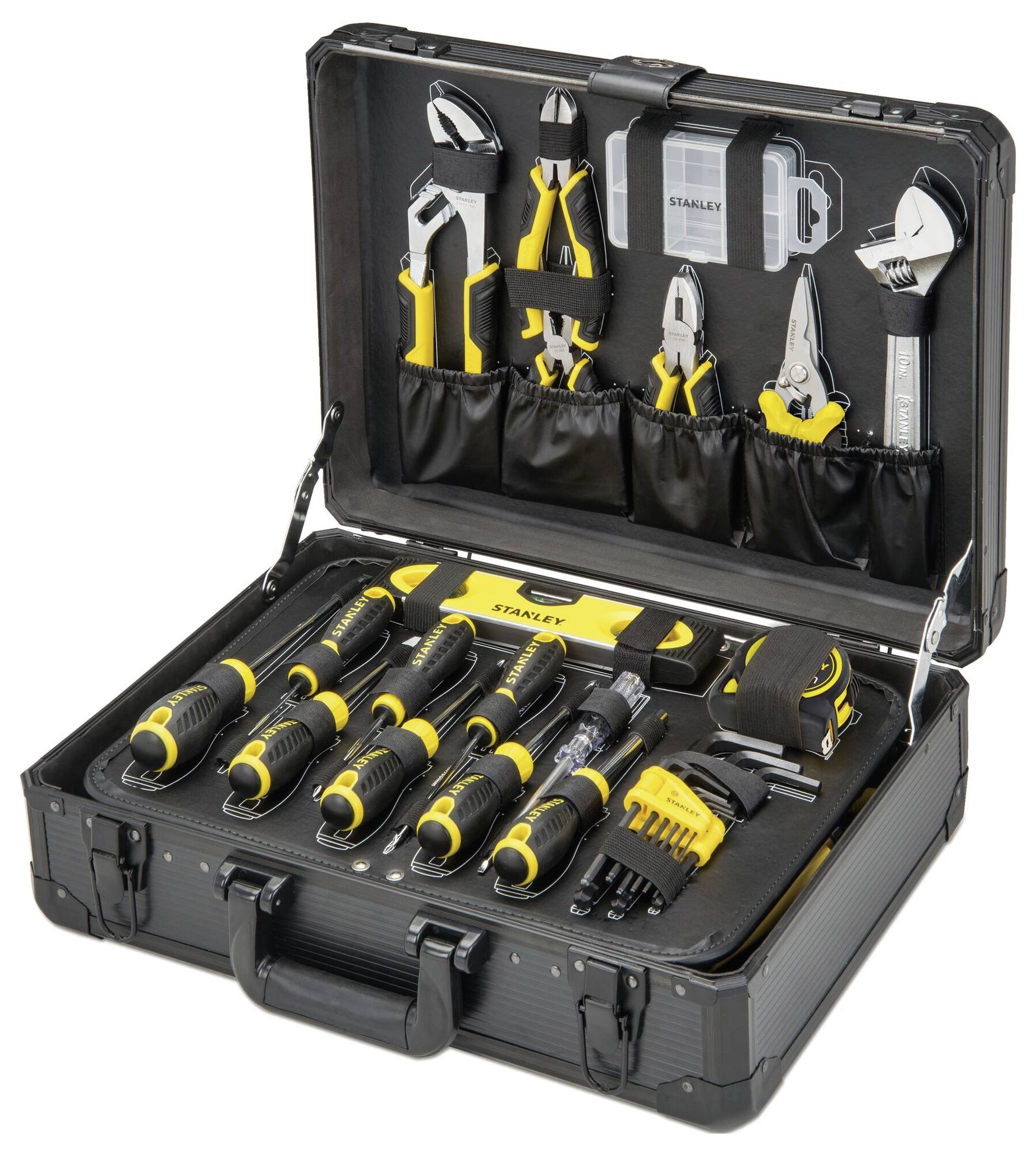 An opened toolbox with yellow and black tools: screwdrivers, pliers, tape measure and accessories, neatly arranged.