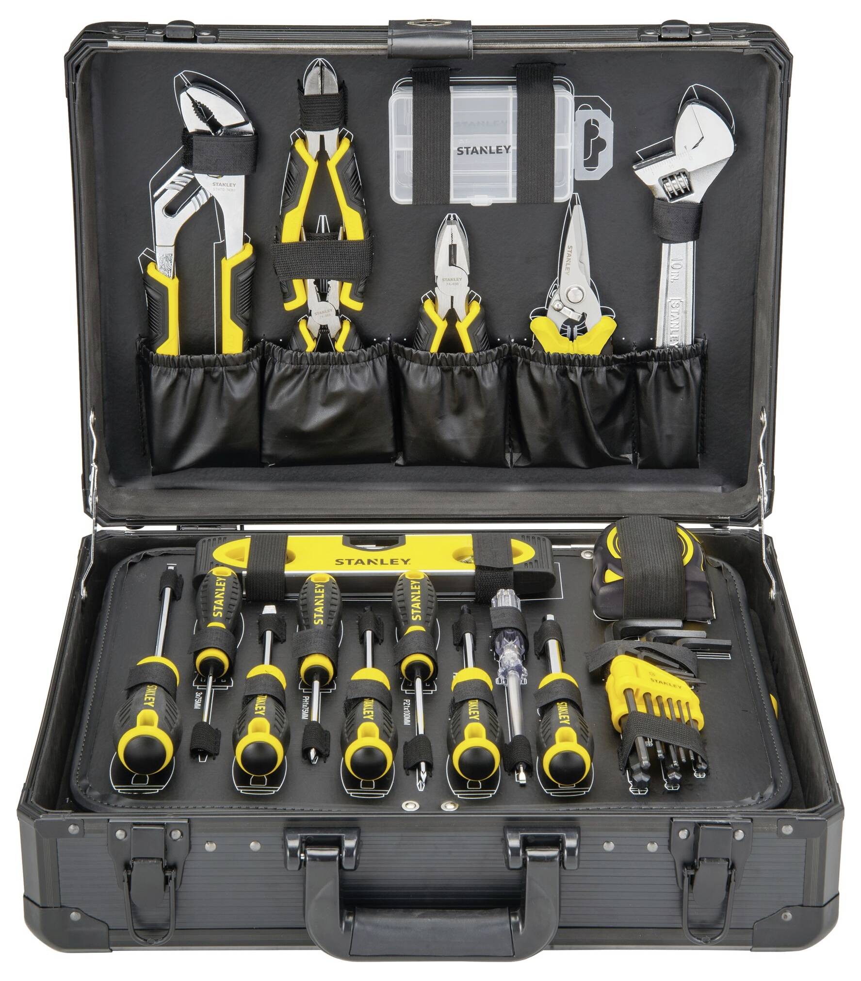 An open toolbox with various hand tools such as screwdrivers, pliers, and spanners, neatly arranged.