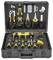An open toolbox with various hand tools such as screwdrivers, pliers, and spanners, neatly arranged.