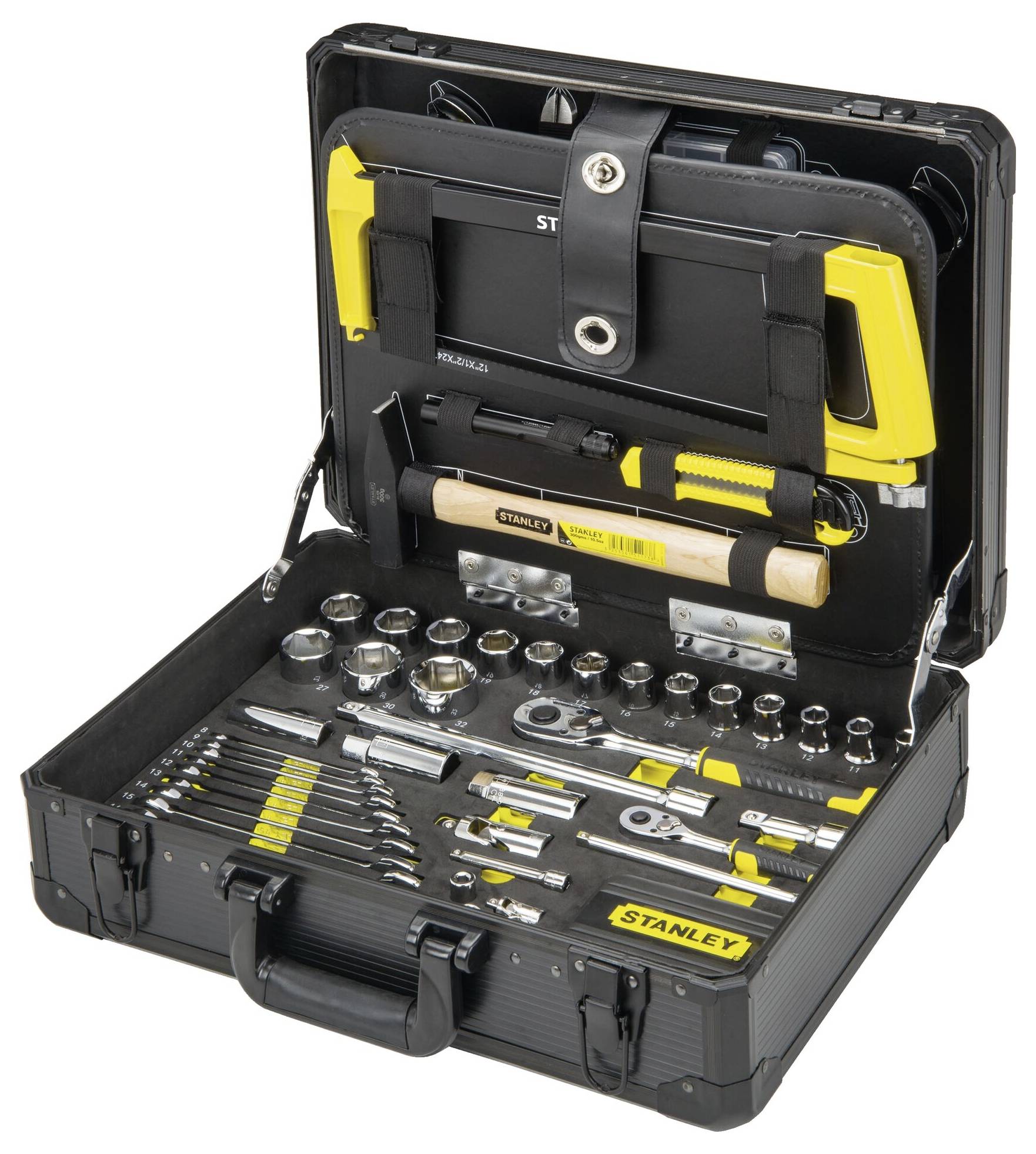 Open toolbox with various hand tools: spanners, hammer, socket sets and more, well organised.