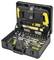 Open toolbox with various hand tools: spanners, hammer, socket sets and more, well organised.