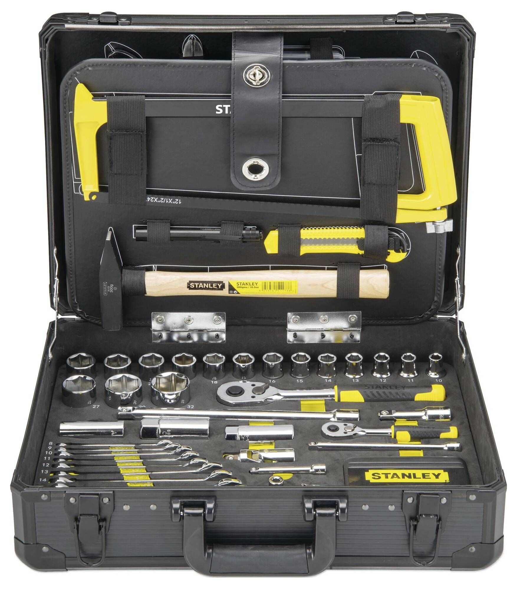 Opened toolbox with various hand tools, including hammer, saw, screwdriver and socket wrenches.