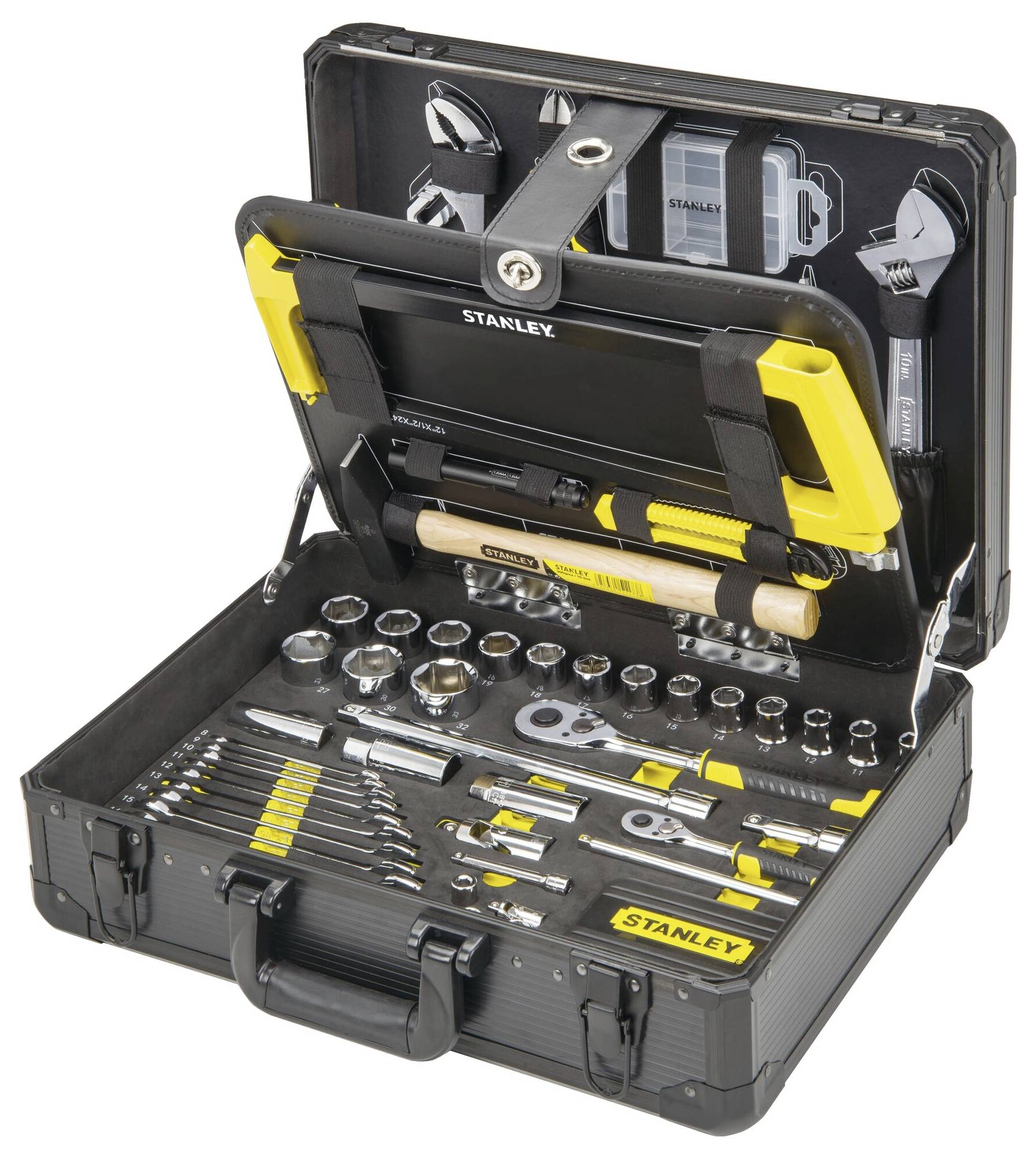 Open toolbox with spanners, hammer, pliers and socket wrenches. Organised in dedicated slots, black and yellow design.