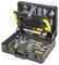 Open toolbox with spanners, hammer, pliers and socket wrenches. Organised in dedicated slots, black and yellow design.