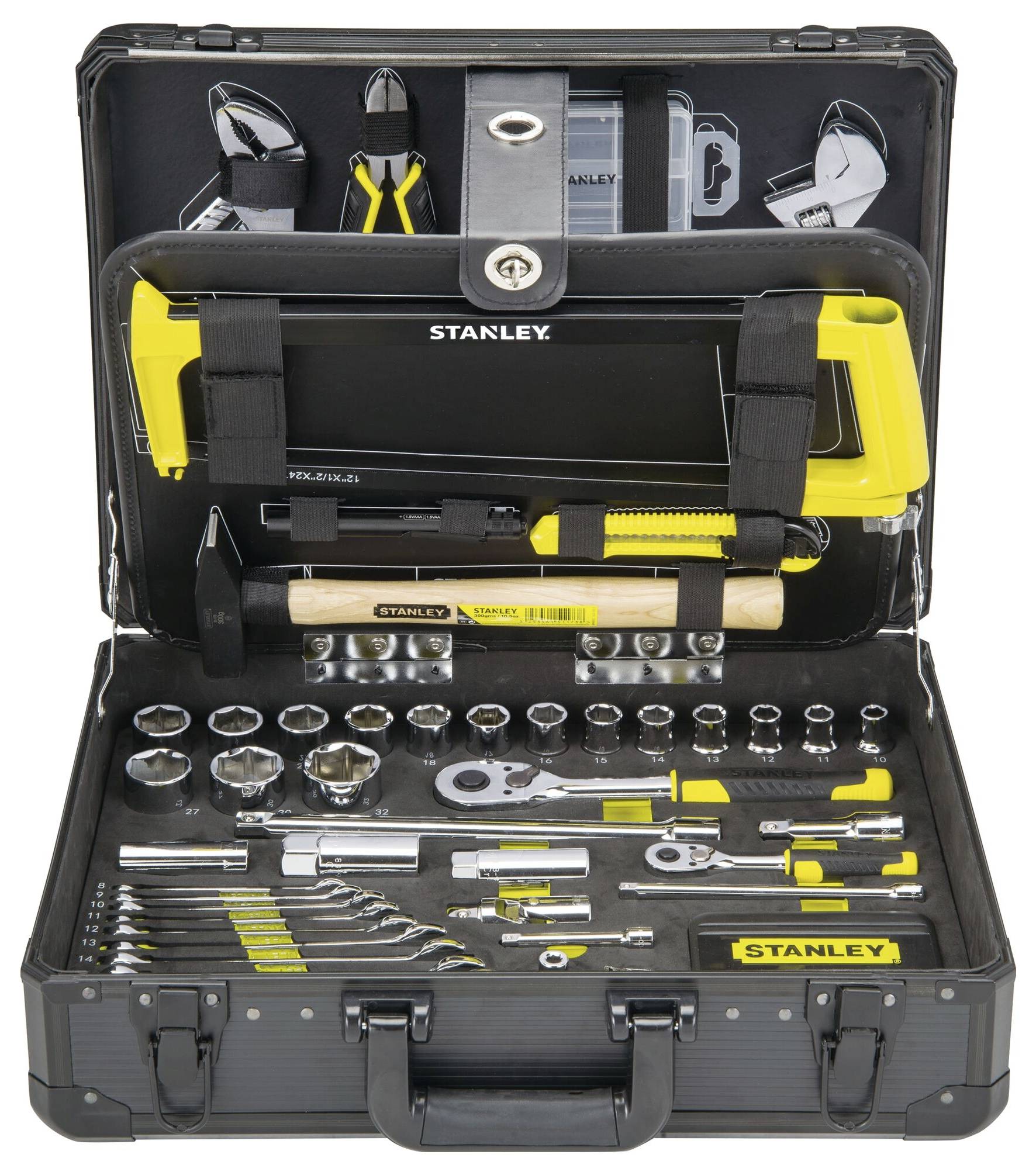 Toolbox with various tools: hammer, pliers, spanners, saw and socket wrenches, neatly arranged.