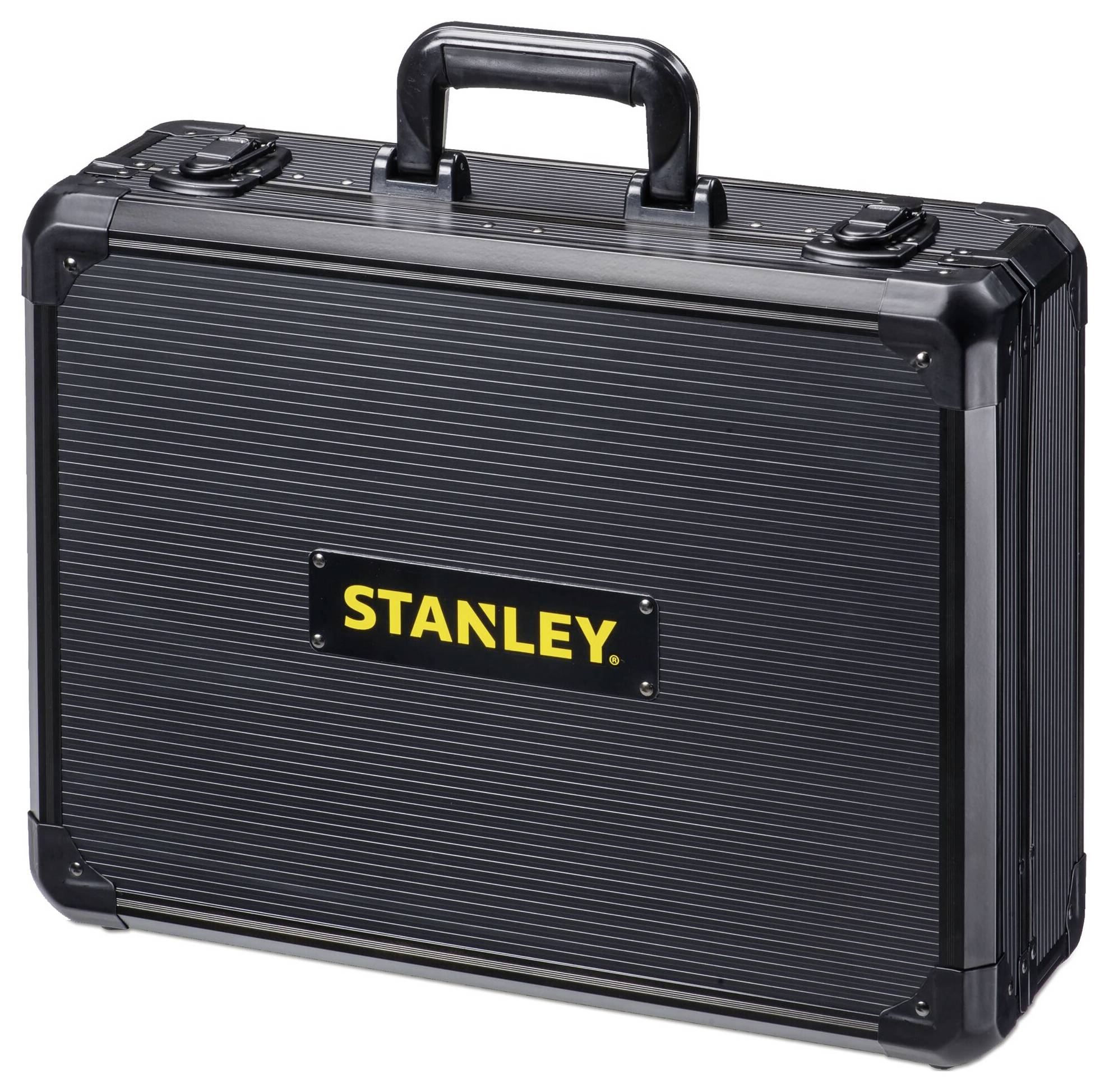 A black hard-shell suitcase with the yellow 'STANLEY' logo on the front. Suitable for the secure transportation of tools.