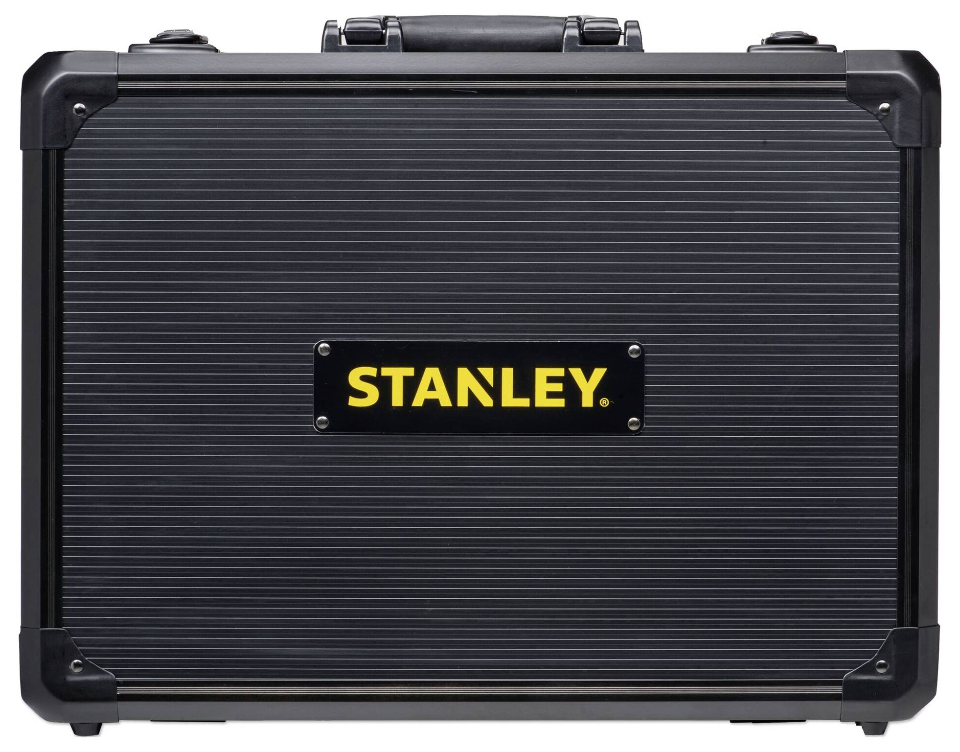 A black suitcase with a ribbed surface and reinforced corners. In the centre, the brand name 'STANLEY' is written in yellow lettering.