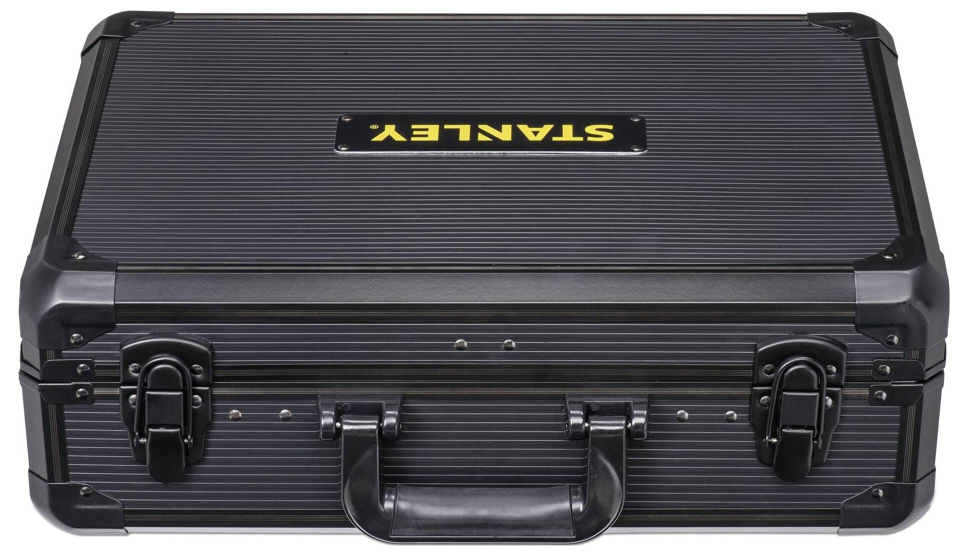 A black tool case with metal clasps and a handle, with 'STANLEY' written in yellow lettering on the lid.