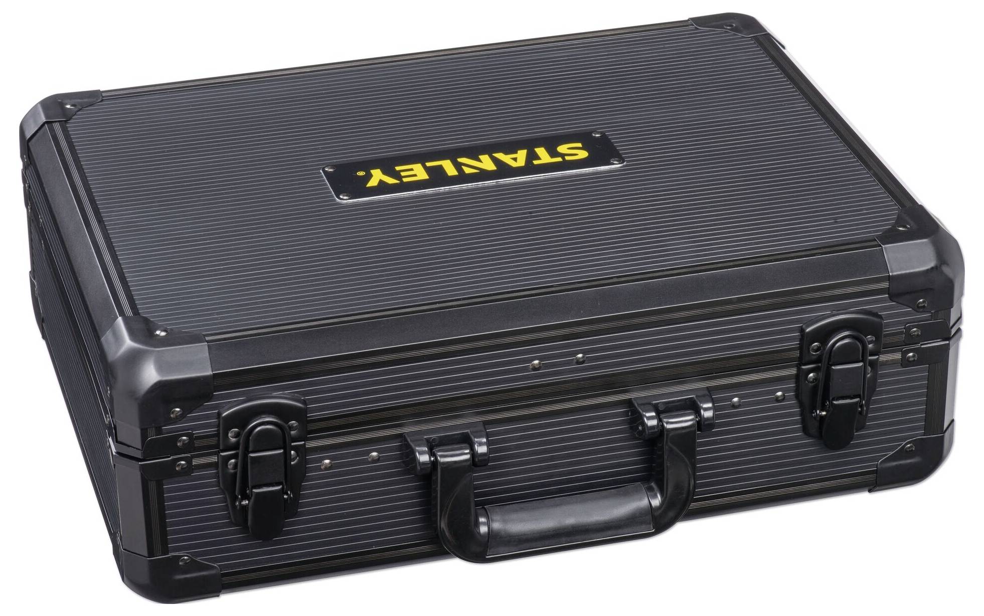 Black aluminium case with side and front closures, with the brand name 'Stanley' printed in yellow on the lid.