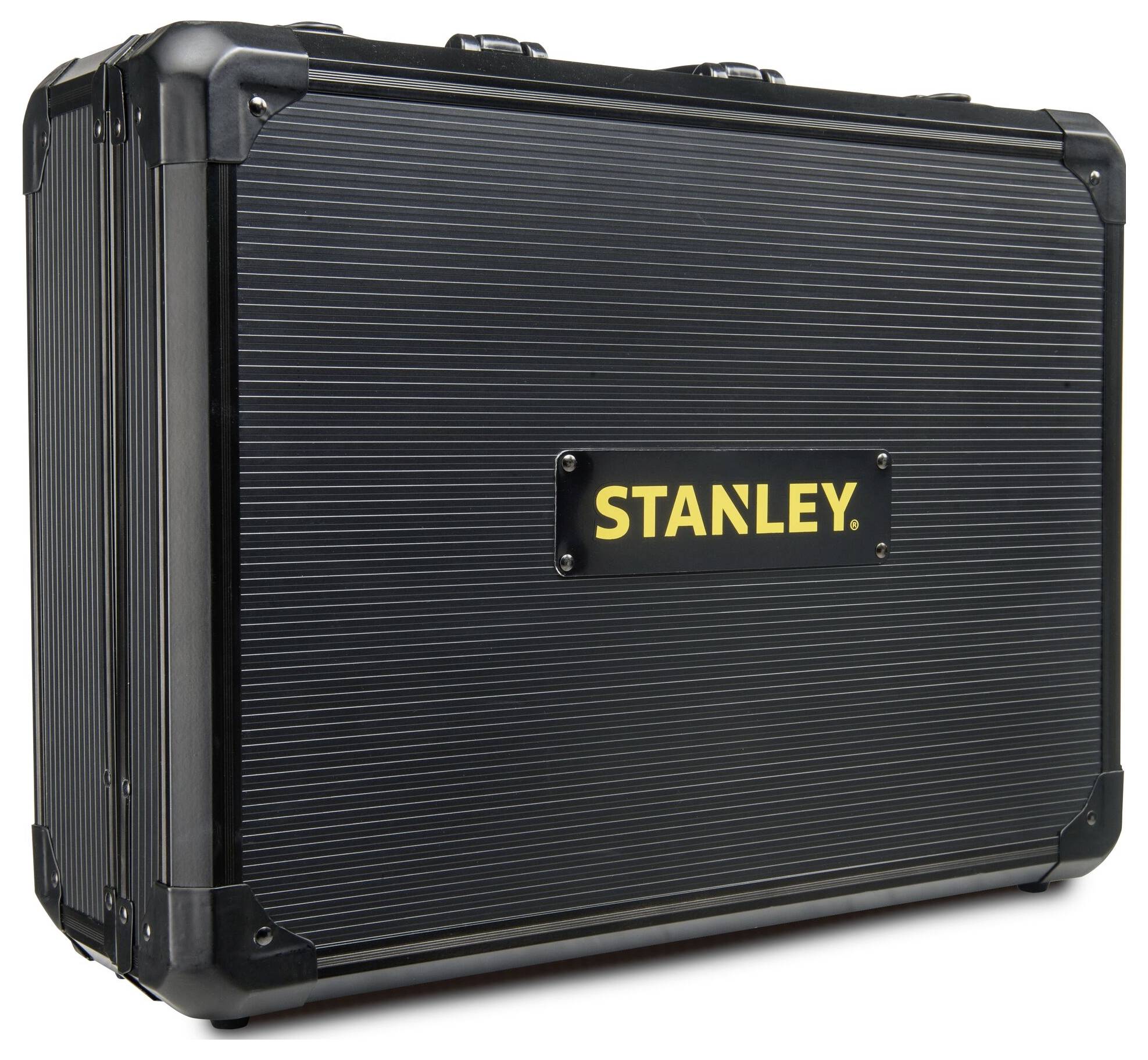 Black tool case with yellow 'STANLEY' logo on the front, reinforced corners, robust design, for secure tool storage.