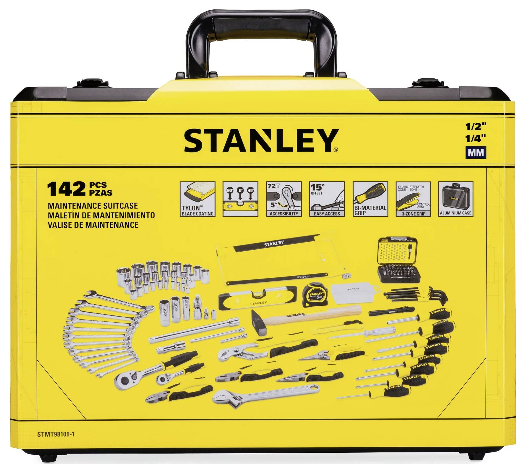 Yellow tool case with 142 pieces, including spanners, socket sets and tools. Marked with 'STANLEY'.