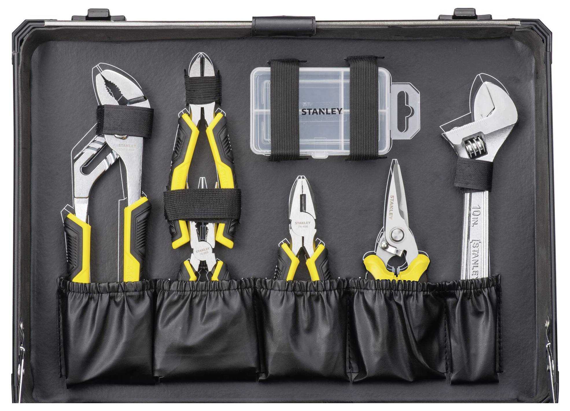An open toolbox containing pliers, combination pliers, side cutters, needle-nose pliers, an adjustable spanner, and a case.