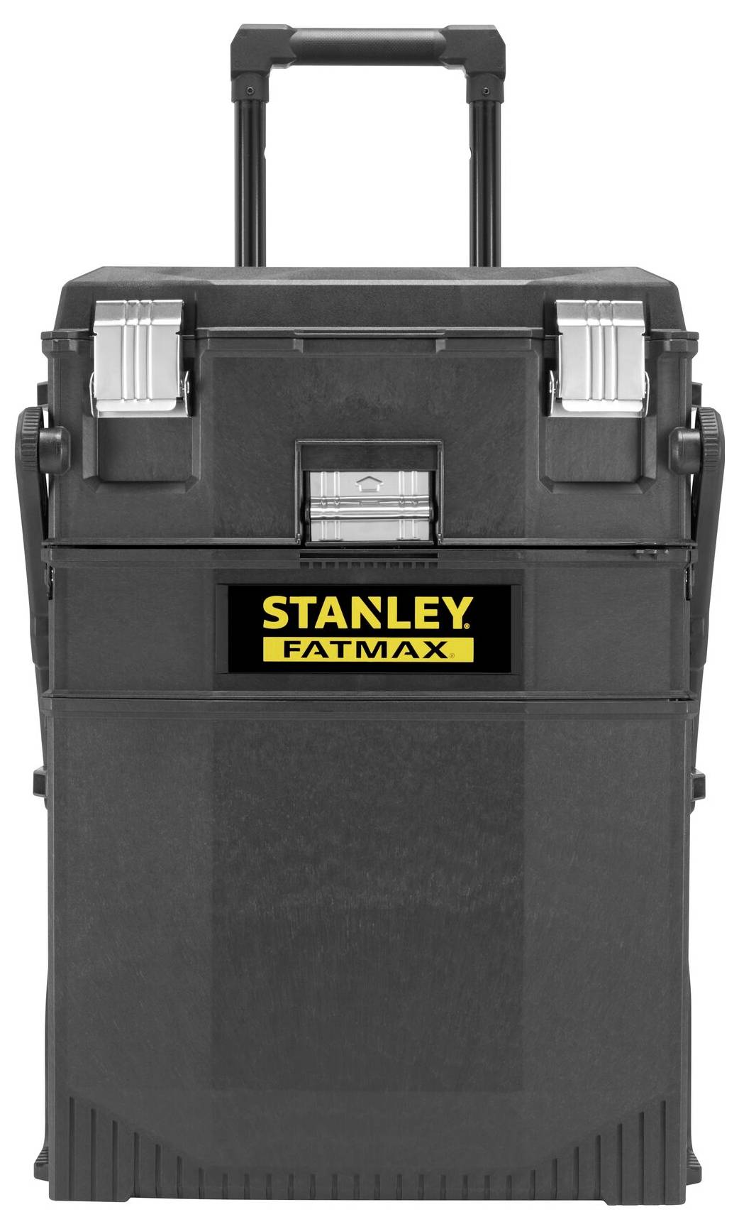 'Wheeled toolbox by Stanley Fatmax, black with metal clasps. Suitable for storing and transporting tools.'