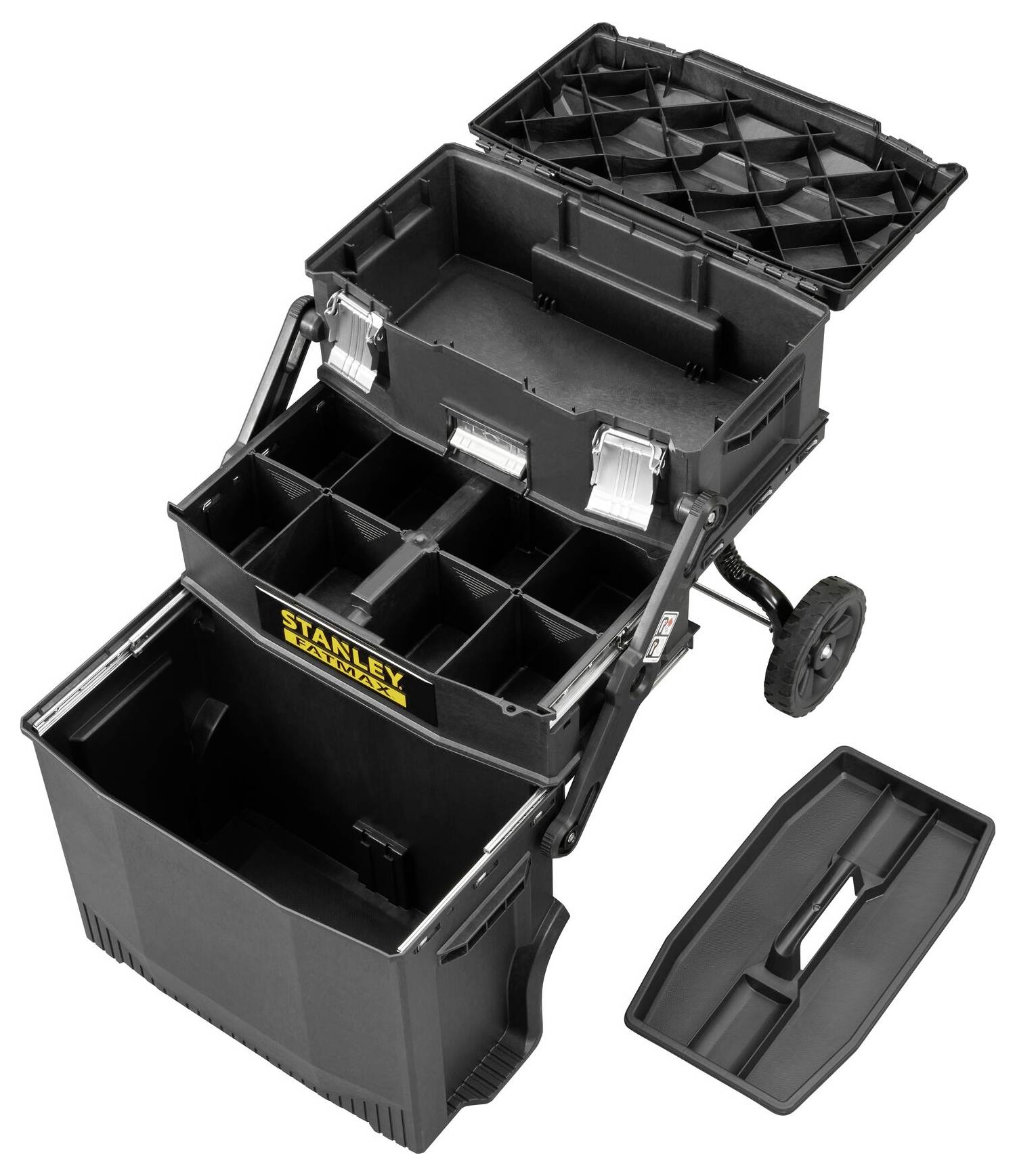 Mobile tool chest with multiple compartments and pull-out drawers, filled with various tools and accessories.