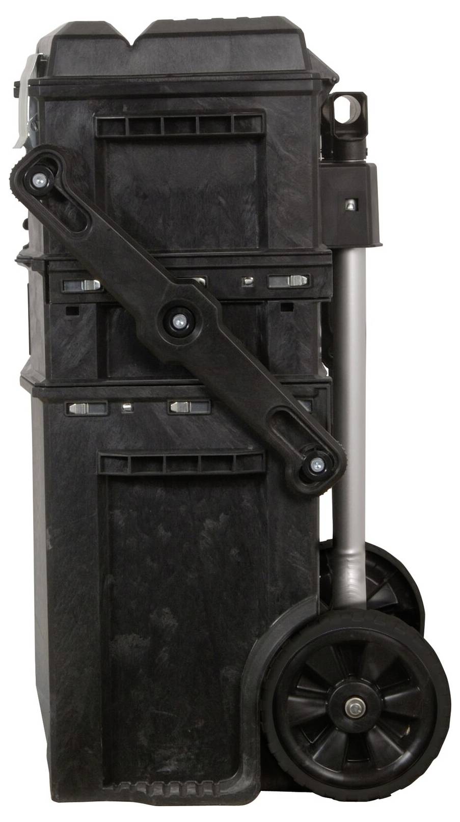 'Black, stackable tool case with large wheels and metal handle, for easy mobility.'