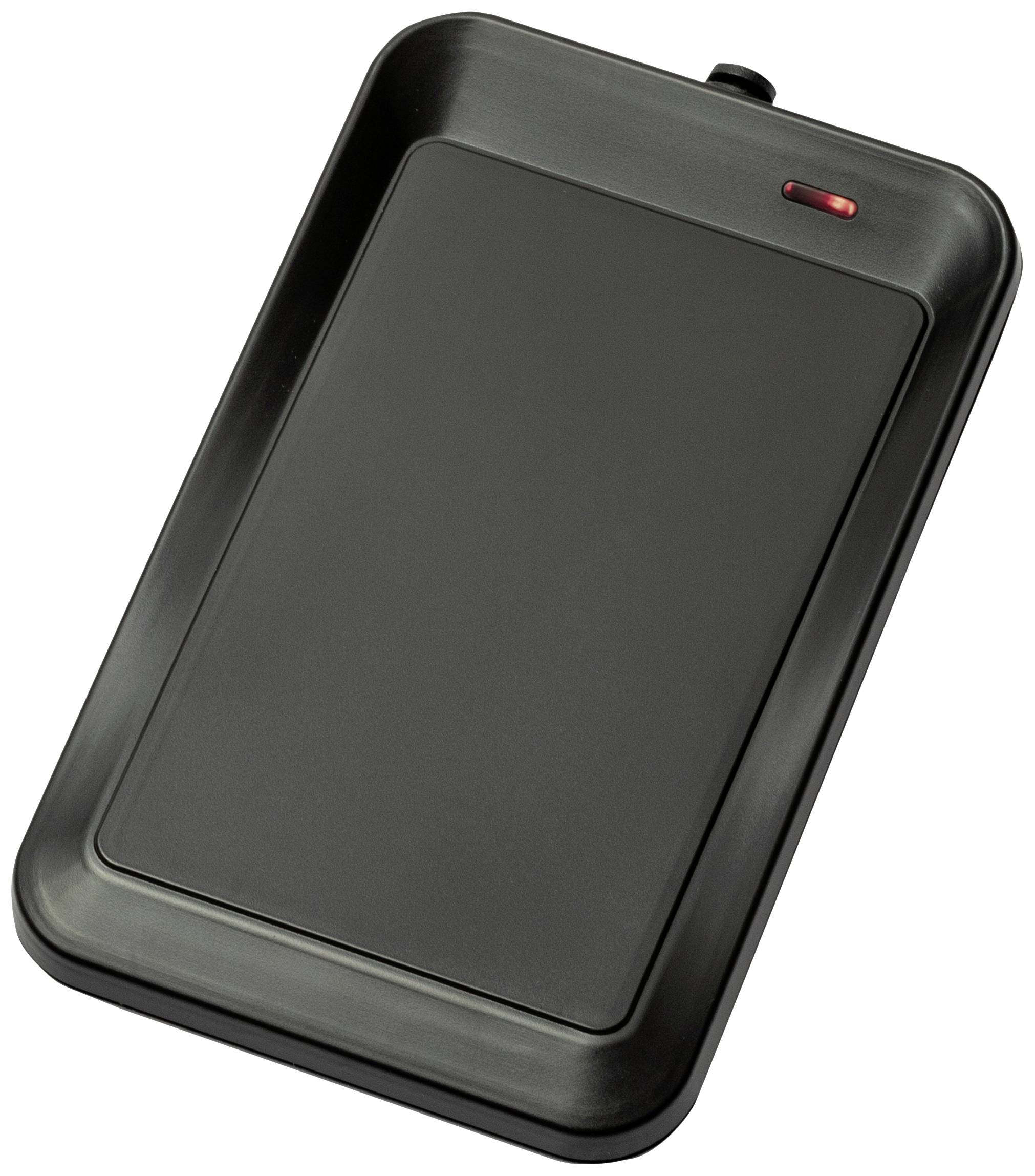 A black external hard drive with a red LED indicator light in the top right corner.
