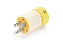 Yellow and white plug adapter with three metal pins, lying on a white background.