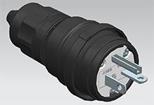 Black and grey industrial cable plug, side view, metal contacts visible. Used for industrial electrical applications.