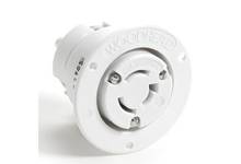 White electrical socket by Woodhead, round design with three holes, visible against a white background.