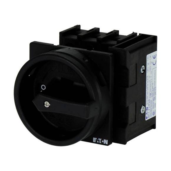 'Black rotary switch with markings and arrow for operation. Side view shows manufacturer information.'