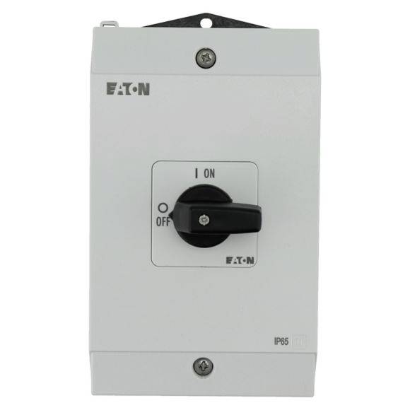 Electric toggle switch in neutral position, labelled 'I ON' and 'OFF', mounted on rectangular housing.