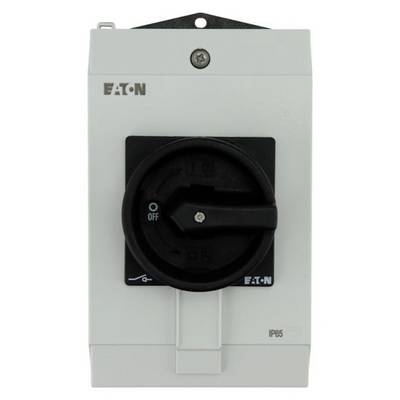 White casing of an electrical switch with a large rotary knob in the centre, brand 'EATON', 'OFF' position highlighted.