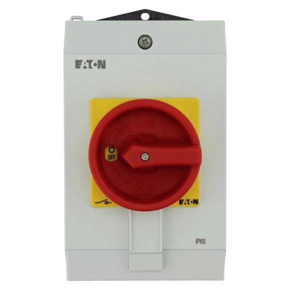 A main switch in a grey enclosure with a red rotary knob. The switch is showing the 'OFF' position. Manufacturer's logo in the top left corner.