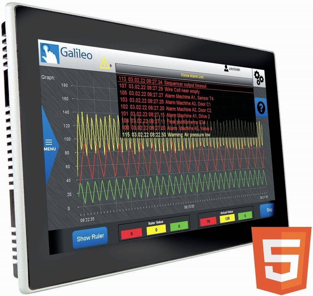 A screen displays a diagram with measurement values and machine warnings. An HTML5 symbol is visible in the bottom right corner.