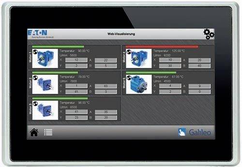 Touchscreen display of a control system, showing four motors with different temperatures and status details. Upper motor above limit.