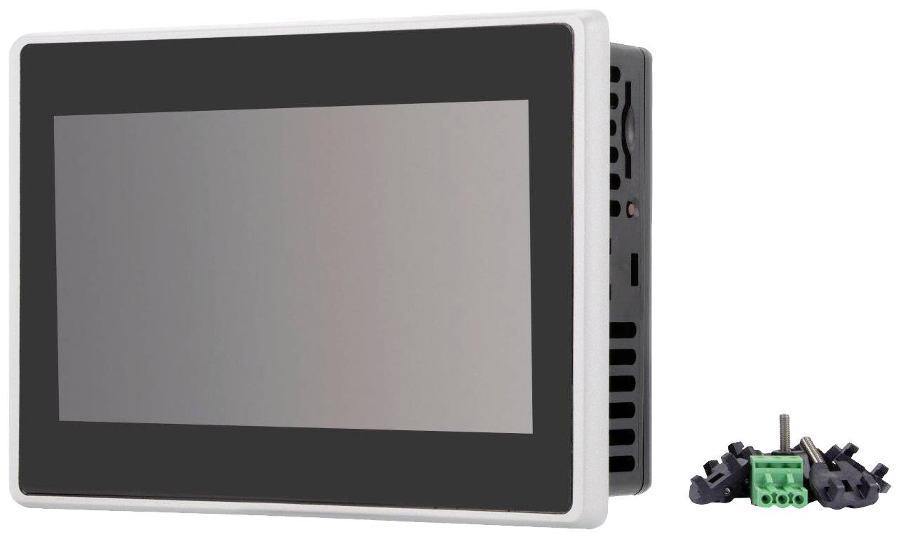 A grey touchscreen panel device beside several small connectors and screws, on a white background.