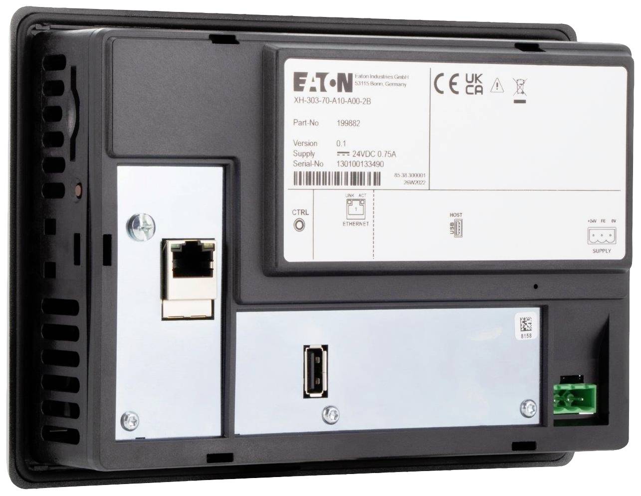 Back of a technical device with various ports, including an Ethernet port and USB, along with labels and serial number.