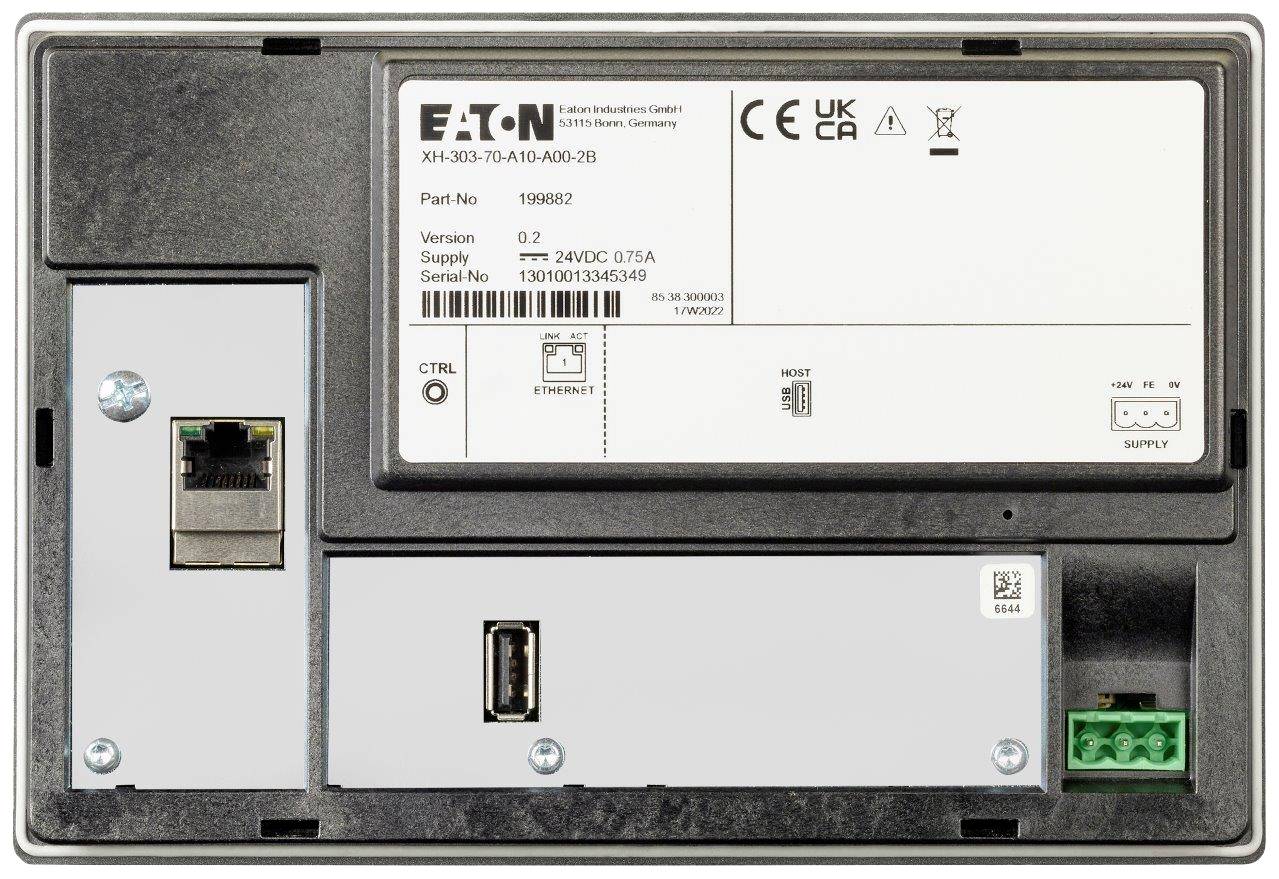 Back of an electronic device with Ethernet and power connections. Shows model and serial number along with manufacturer details.