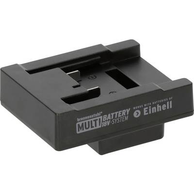 Black battery adapter labeled 'brennenstuhl MULTI BATTERY 18V SYSTEM' and 'works with batteries of Einhell'.