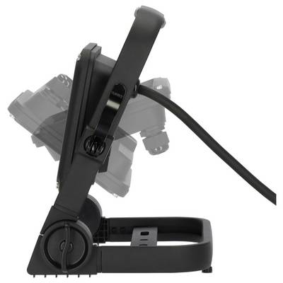 Black adjustable monitor arm with clamp base and attached cable, shown in side view against a white background.