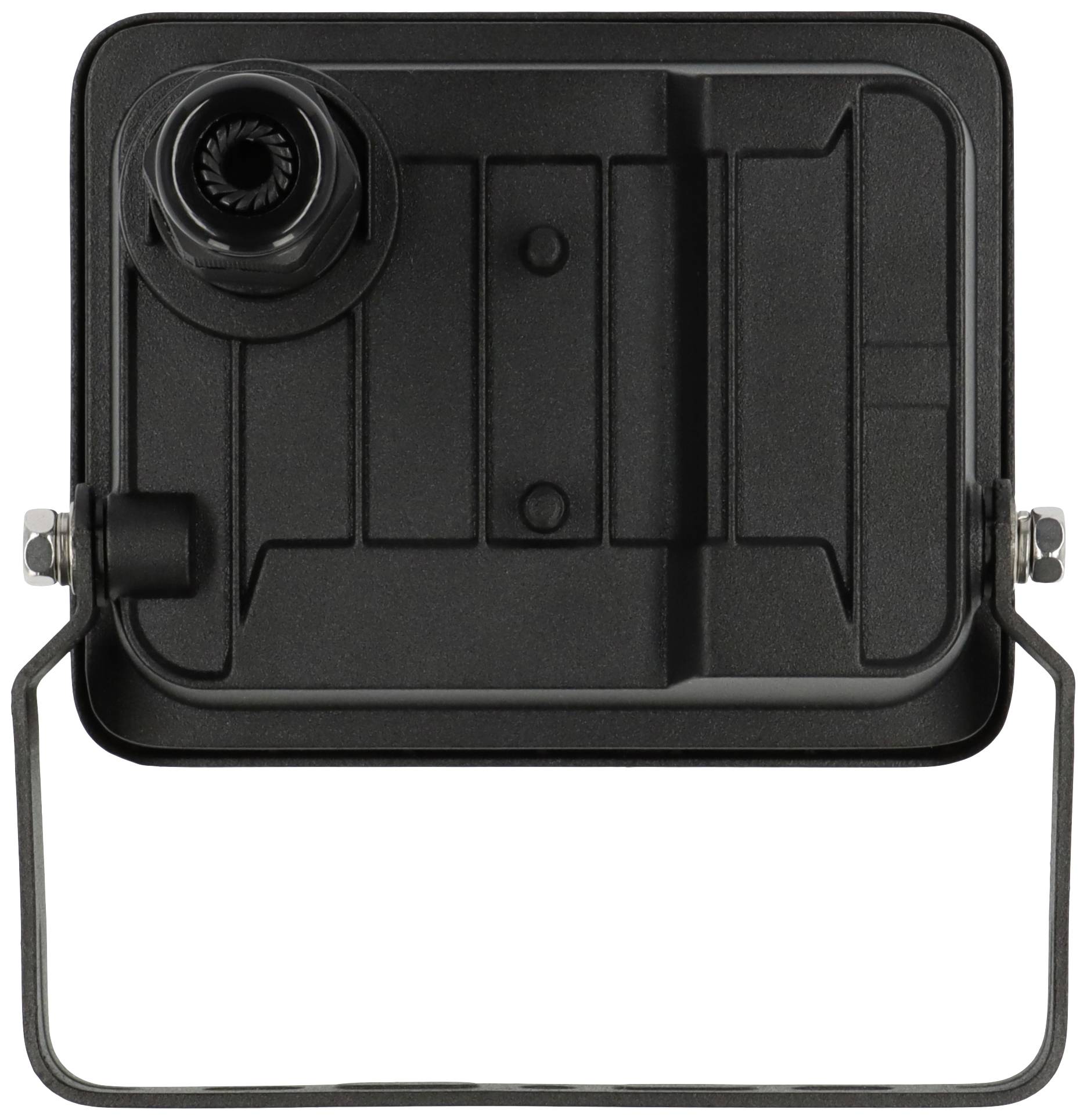 A rectangular, black device with a mount, possibly a spotlight or a camera. Screws are visible on the sides.
