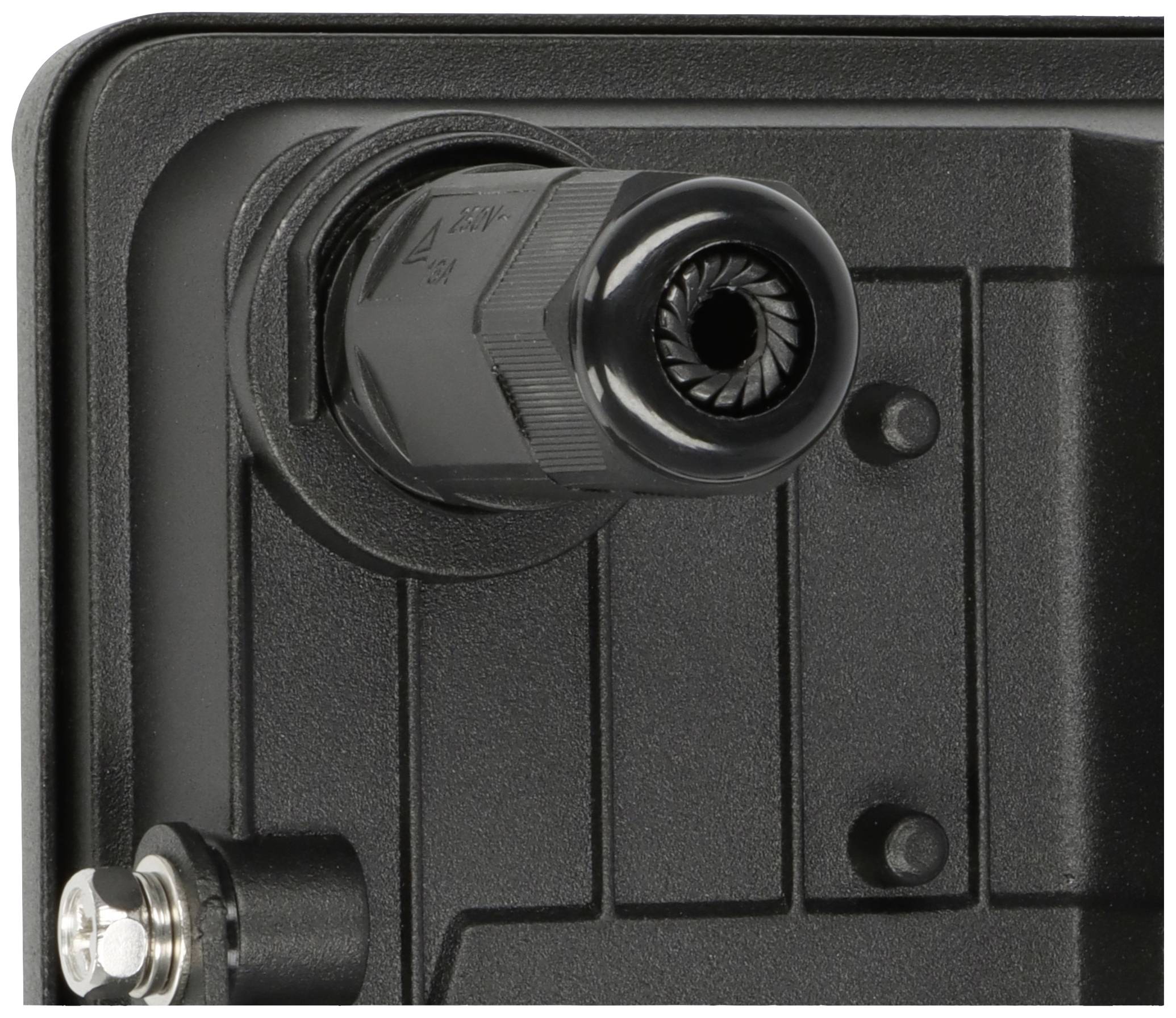 A black cable gland connector on a device, with clearly visible grooves and screws for securing.