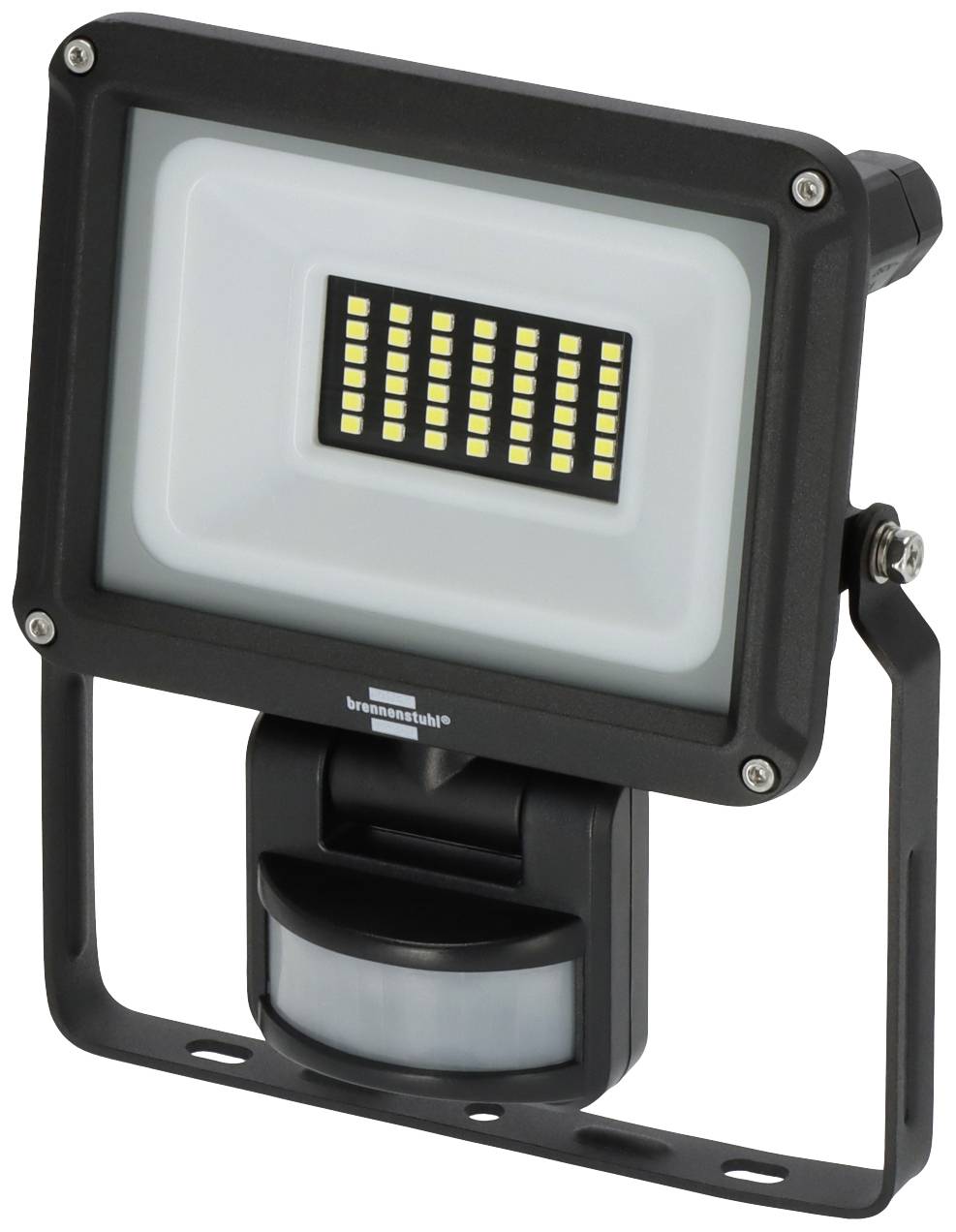 A rectangular LED floodlight with a black frame and motion sensor, suitable for outdoor lighting.