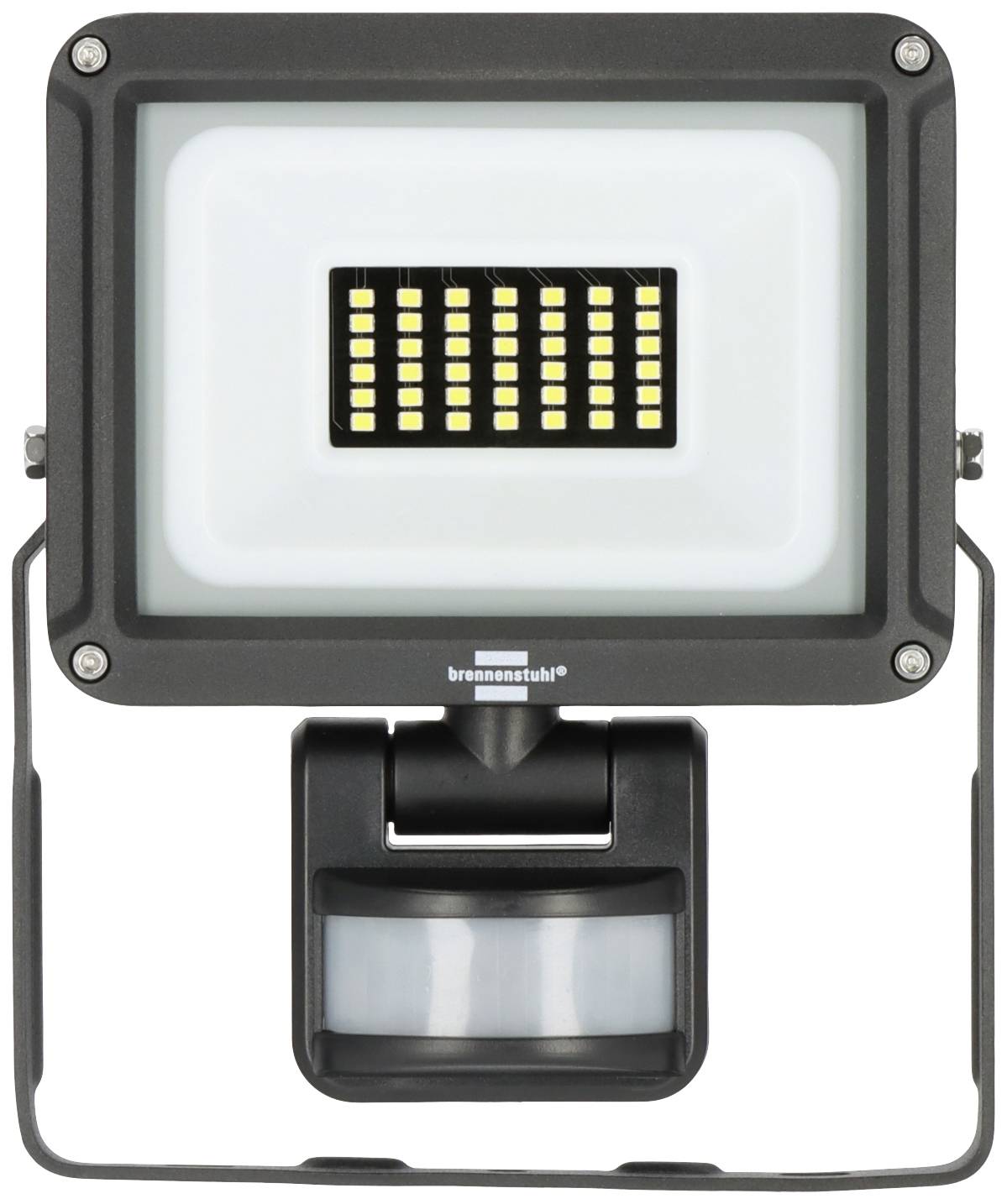 LED floodlight with motion sensor, rectangular housing, black border. Used for illuminating exterior areas.
